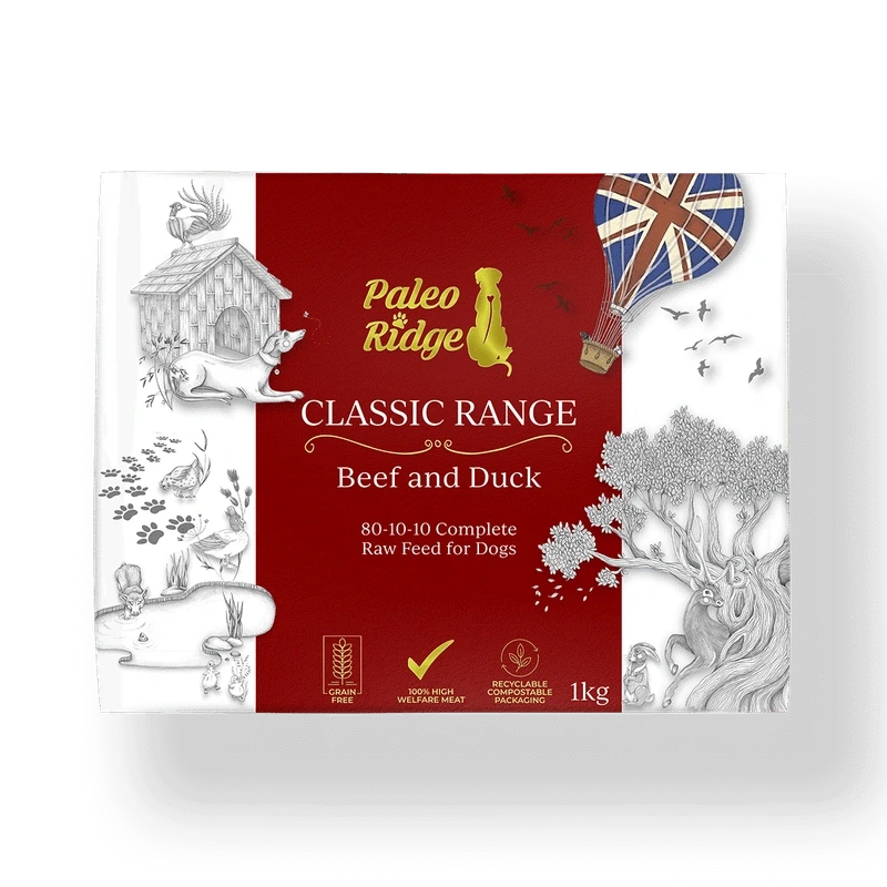  Paleo Ridge Classic Range Beef and Duck pet food package on a white background